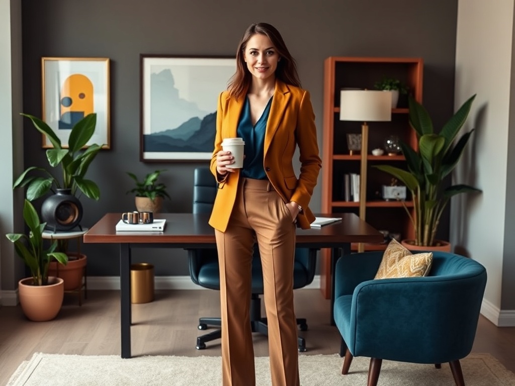 O femeie în costum business stă într-un birou modern, ținând o cană de cafea, înconjurată de plante.