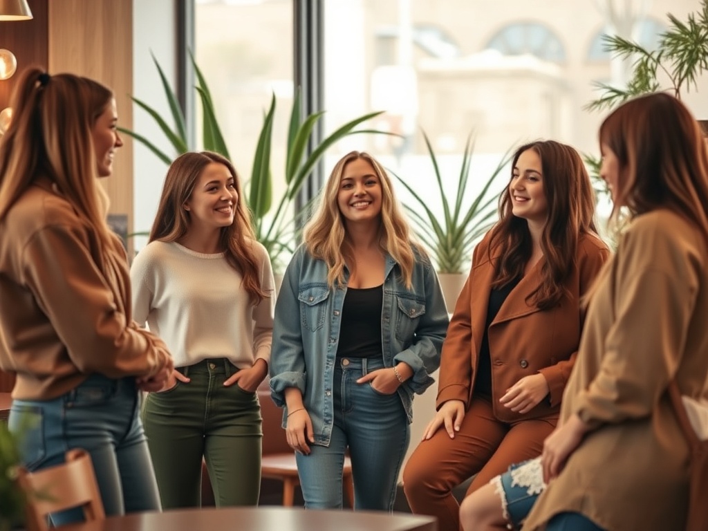 Un grup de cinci femei zâmbitoare stau de vorbă într-un spațiu modern, înconjurate de plante verzi.